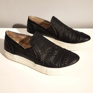 Seychelles Anthro Black Laser Cut Platform Slip On Leather Shoes Size 8